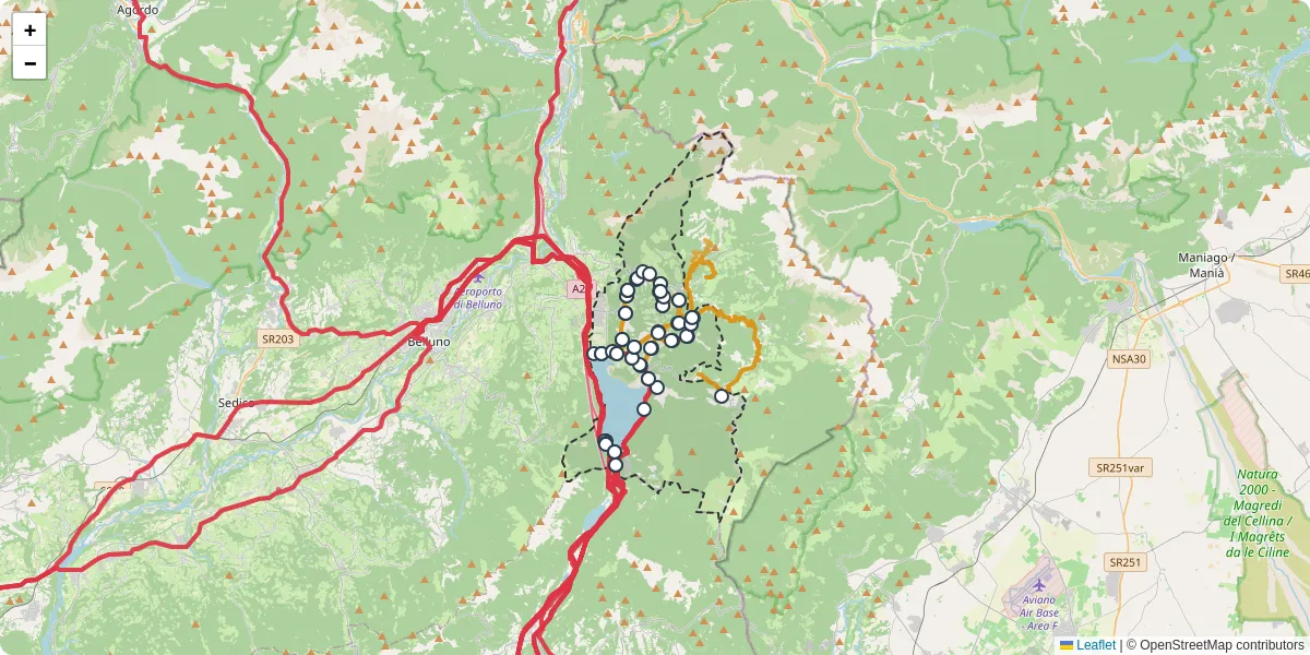 Mappa dettagliata del trasporto pubblico a Alpago con linee autobus, tram e collegamenti