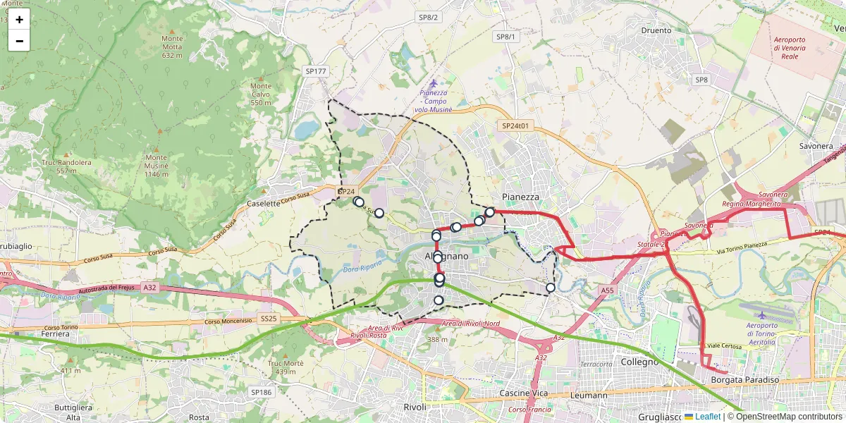 Mappa dettagliata del trasporto pubblico a Alpignano con linee autobus, tram e collegamenti