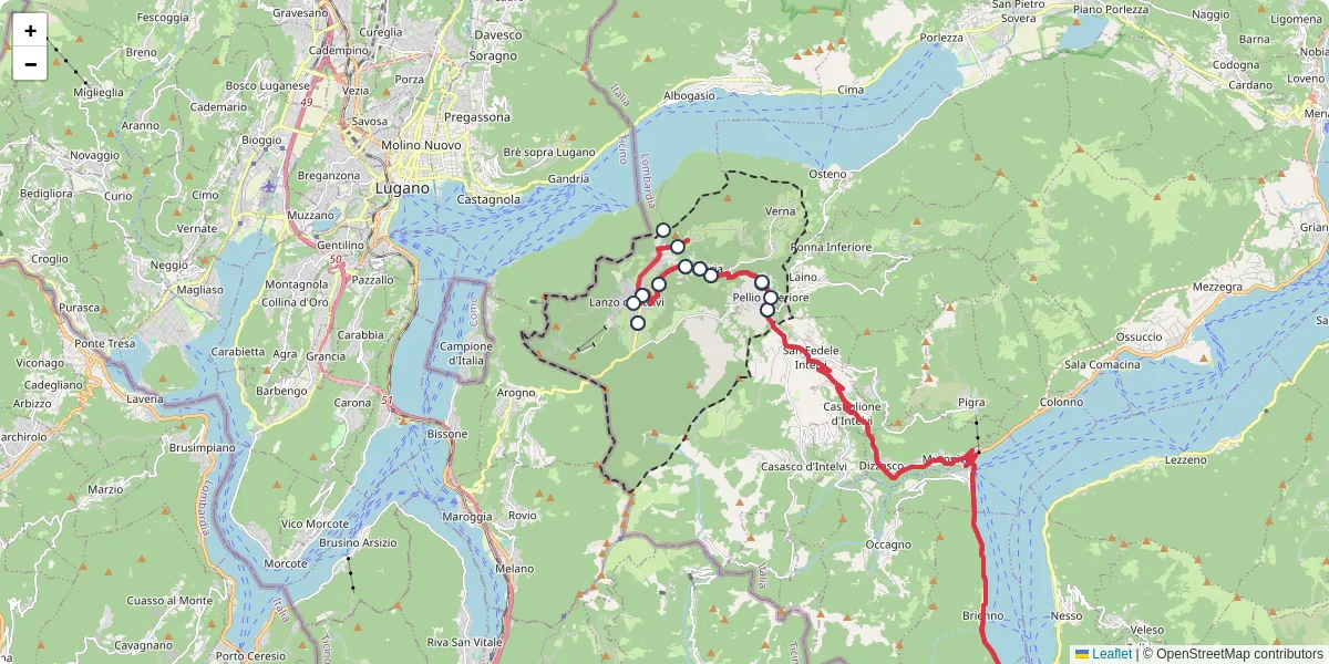 Mappa dettagliata del trasporto pubblico a Alta Valle Intelvi con linee autobus, tram e collegamenti