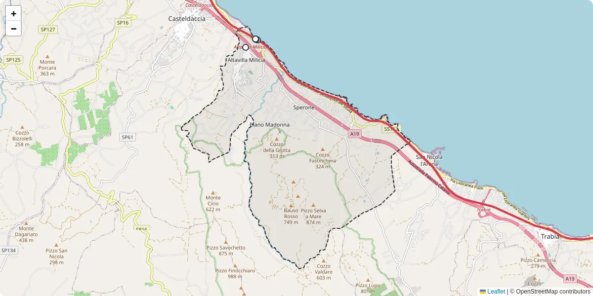 Mappa dettagliata del trasporto pubblico a Altavilla Milicia con linee autobus, tram e collegamenti