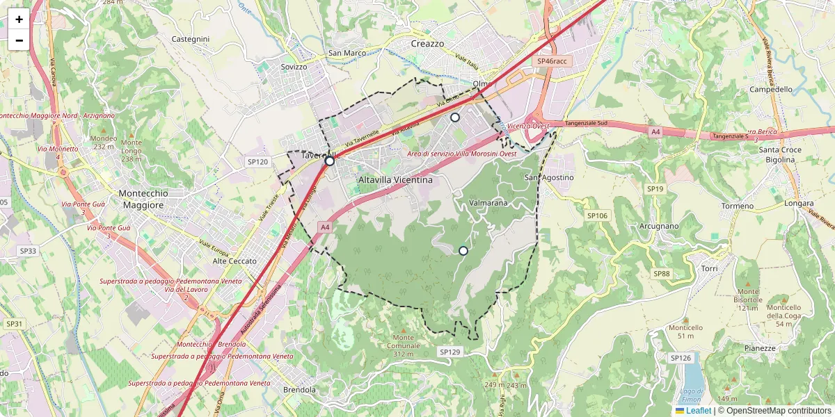 Mappa dettagliata del trasporto pubblico a Altavilla Vicentina con linee autobus, tram e collegamenti
