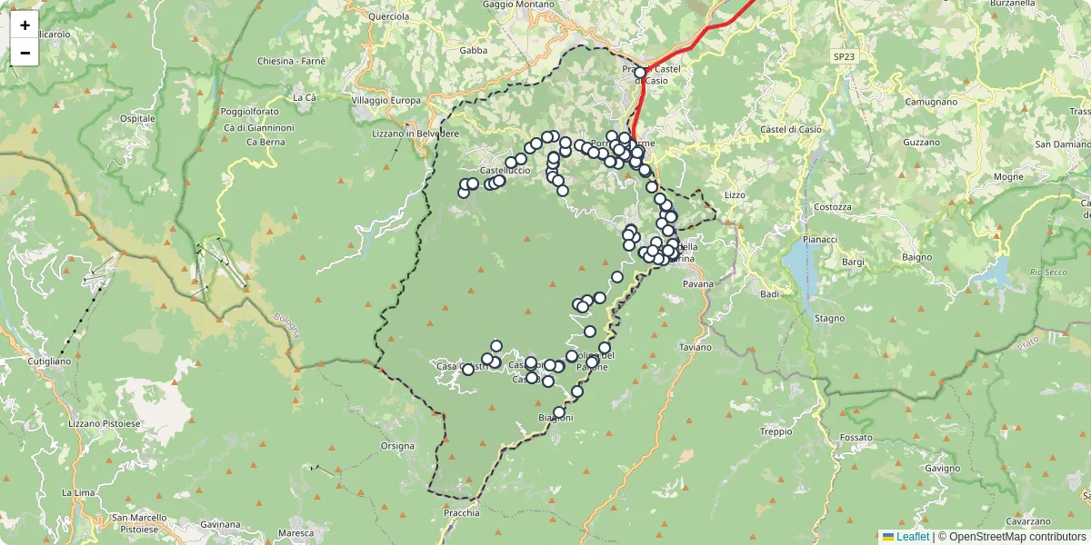 Mappa dettagliata del trasporto pubblico a Alto Reno Terme con linee autobus, tram e collegamenti