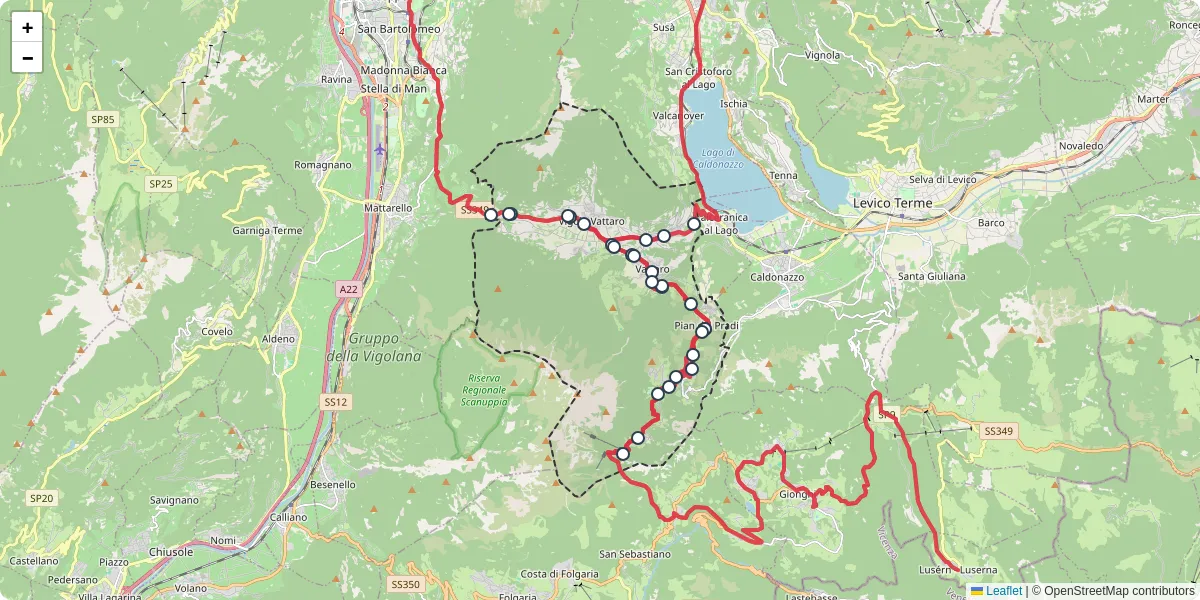 Mappa dettagliata del trasporto pubblico a Altopiano della Vigolana con linee autobus, tram e collegamenti