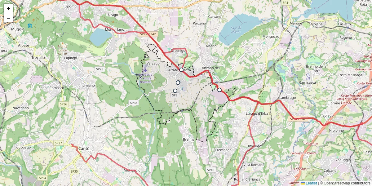 Mappa dettagliata del trasporto pubblico a Alzate Brianza con linee autobus, tram e collegamenti