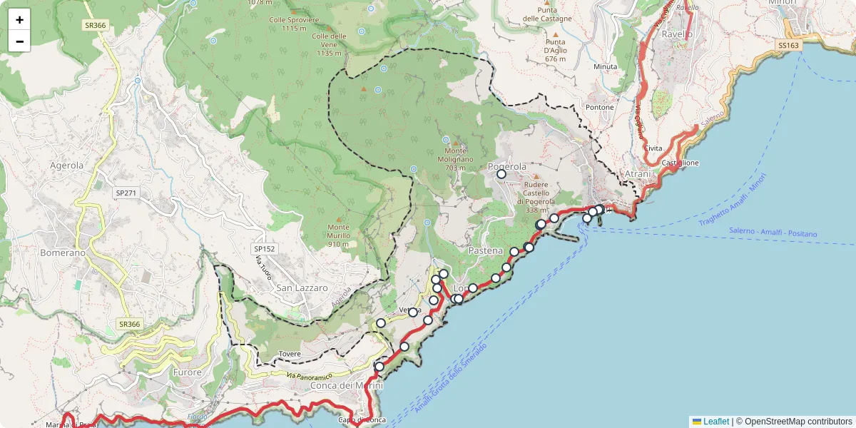 Mappa dettagliata del trasporto pubblico a Amalfi con linee autobus, tram e collegamenti