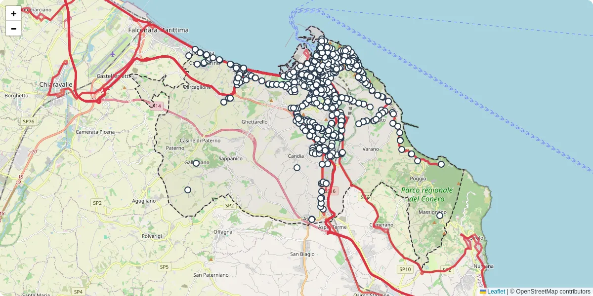 Mappa dettagliata del trasporto pubblico a Ancona con linee autobus, tram e collegamenti