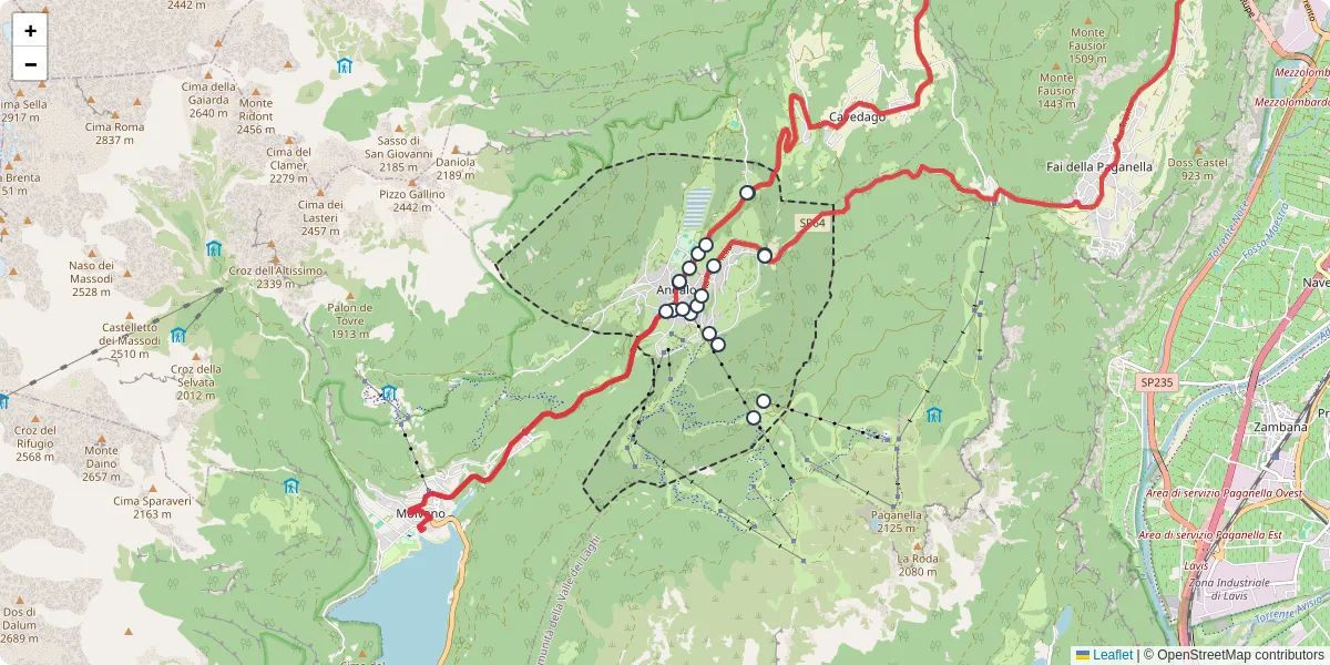 Mappa dettagliata del trasporto pubblico a Andalo con linee autobus, tram e collegamenti