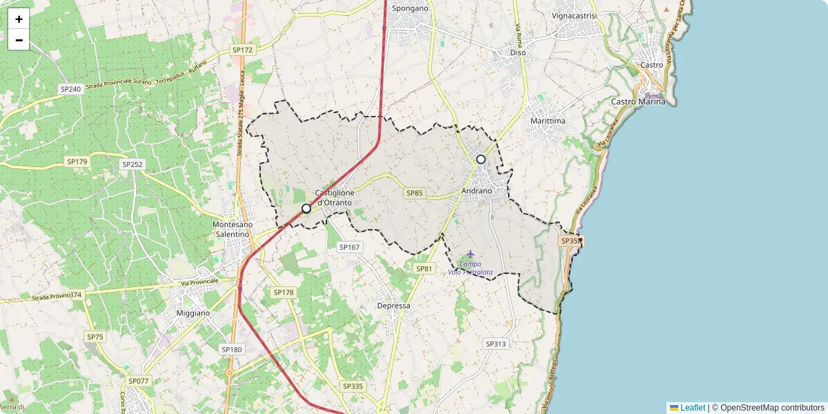 Mappa dettagliata del trasporto pubblico a Andrano con linee autobus, tram e collegamenti