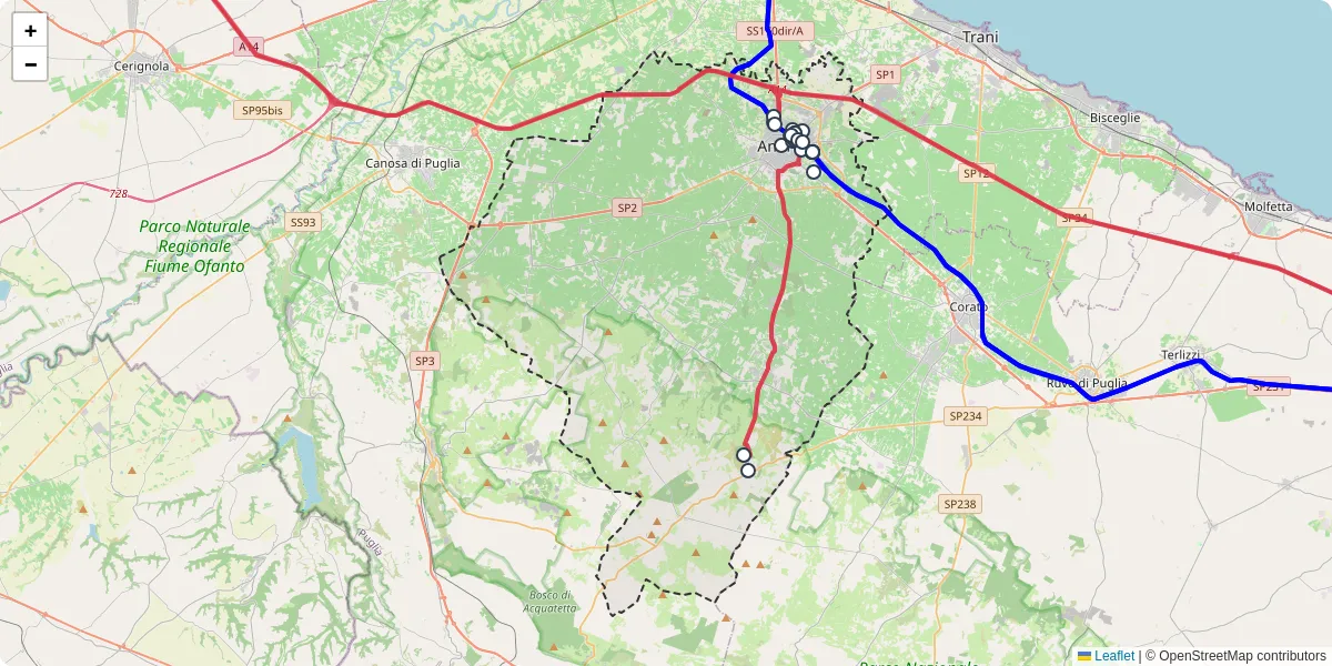 Mappa dettagliata del trasporto pubblico a Andria con linee autobus, tram e collegamenti