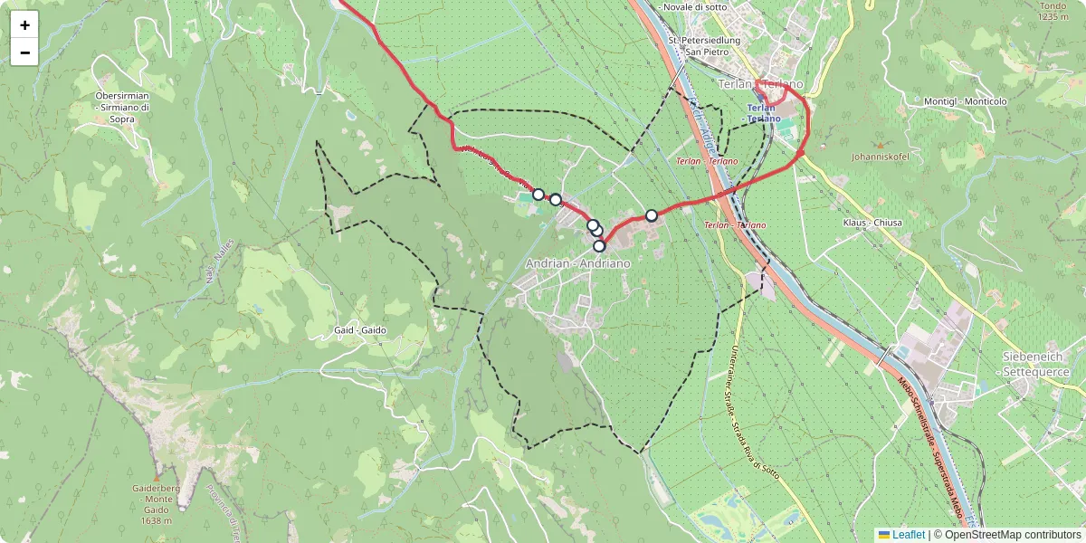 Mappa dettagliata del trasporto pubblico a Andrian - Andriano con linee autobus, tram e collegamenti