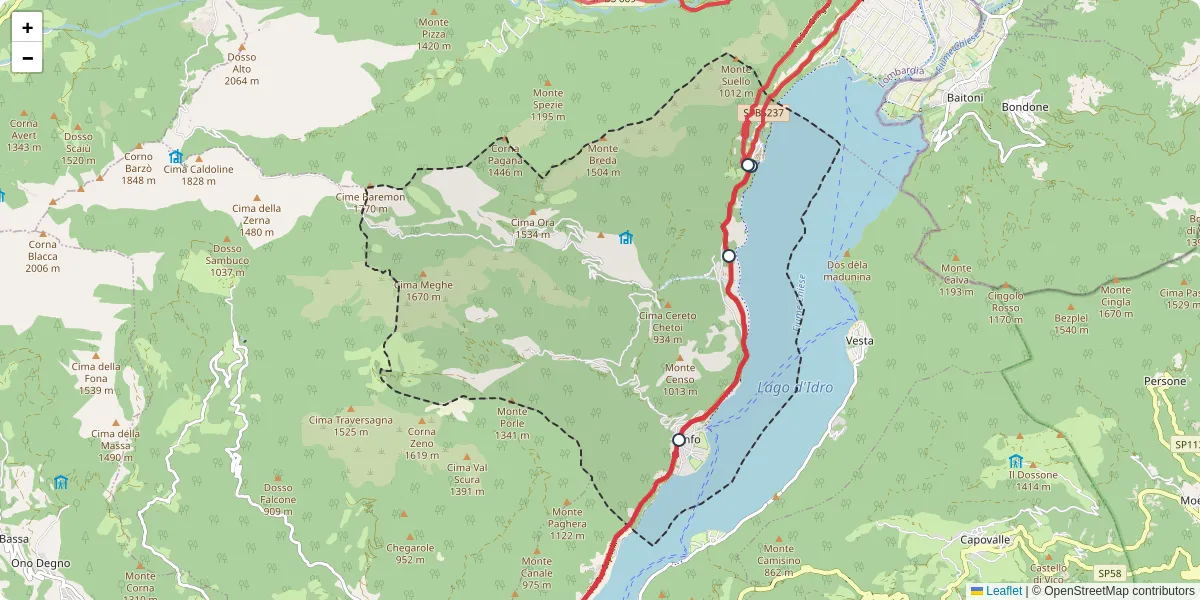 Mappa dettagliata del trasporto pubblico a Anfo con linee autobus, tram e collegamenti