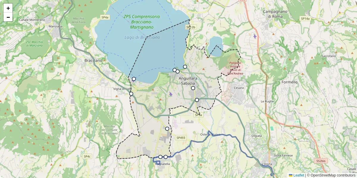 Mappa dettagliata del trasporto pubblico a Anguillara Sabazia con linee autobus, tram e collegamenti