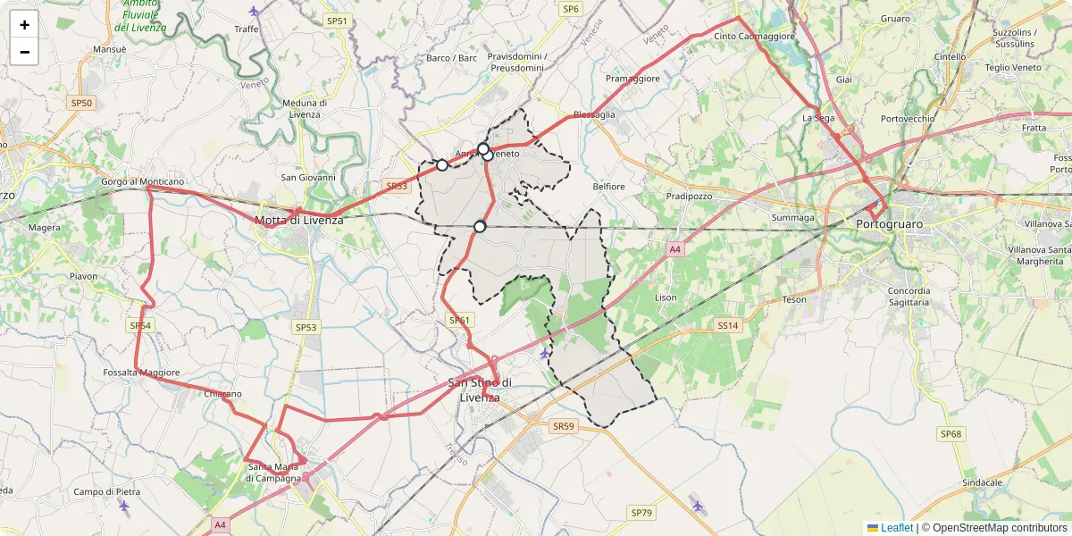 Mappa dettagliata del trasporto pubblico a Annone Veneto con linee autobus, tram e collegamenti