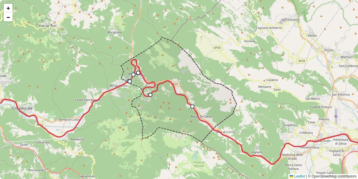 Mappa dettagliata del trasporto pubblico a Antrodoco con linee autobus, tram e collegamenti