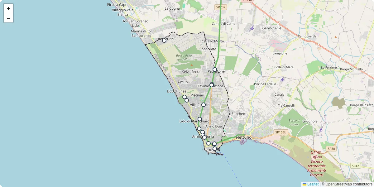 Mappa dettagliata del trasporto pubblico a Anzio con linee autobus, tram e collegamenti