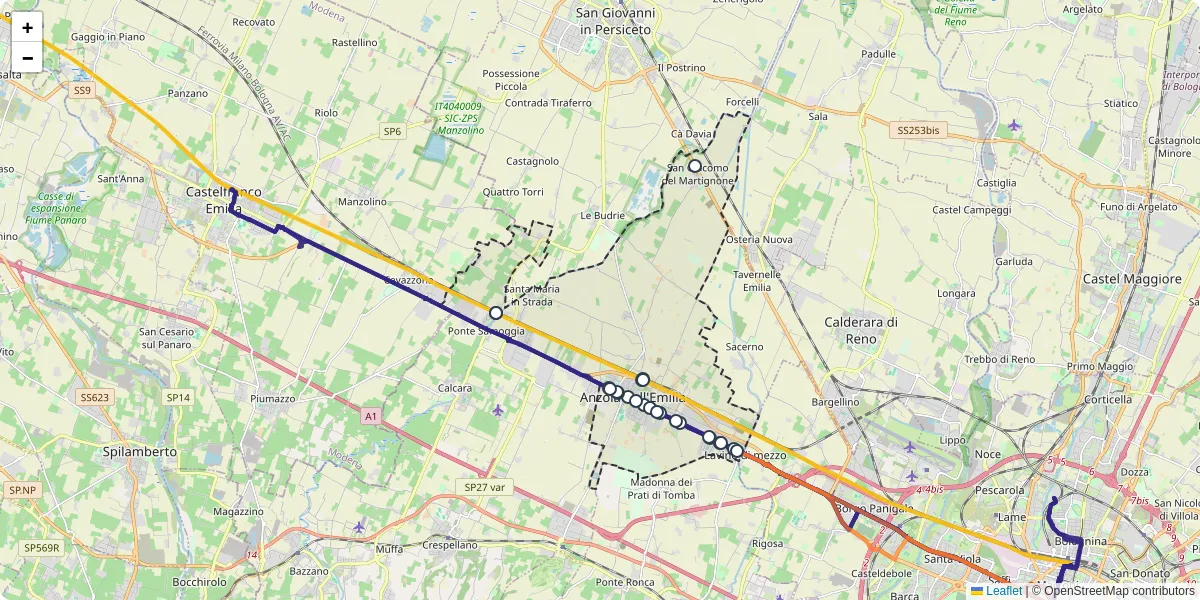 Mappa dettagliata del trasporto pubblico a Anzola dell'Emilia con linee autobus, tram e collegamenti