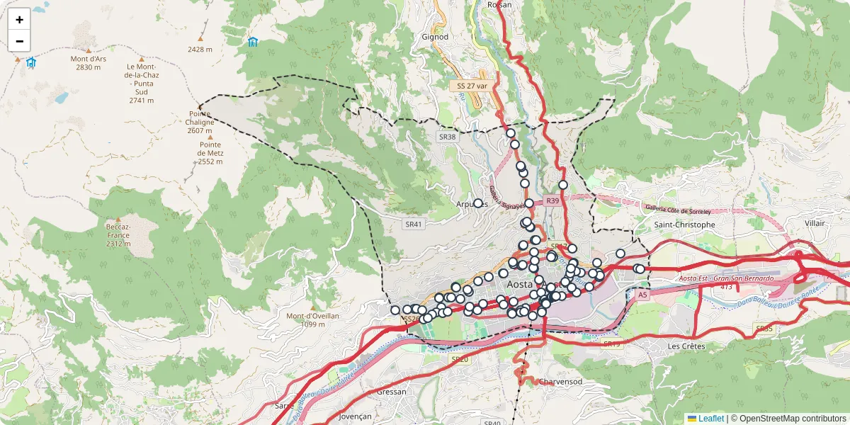 Mappa dettagliata del trasporto pubblico a Aosta / Aoste con linee autobus, tram e collegamenti