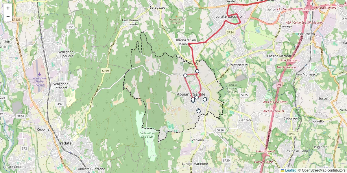 Mappa dettagliata del trasporto pubblico a Appiano Gentile con linee autobus, tram e collegamenti