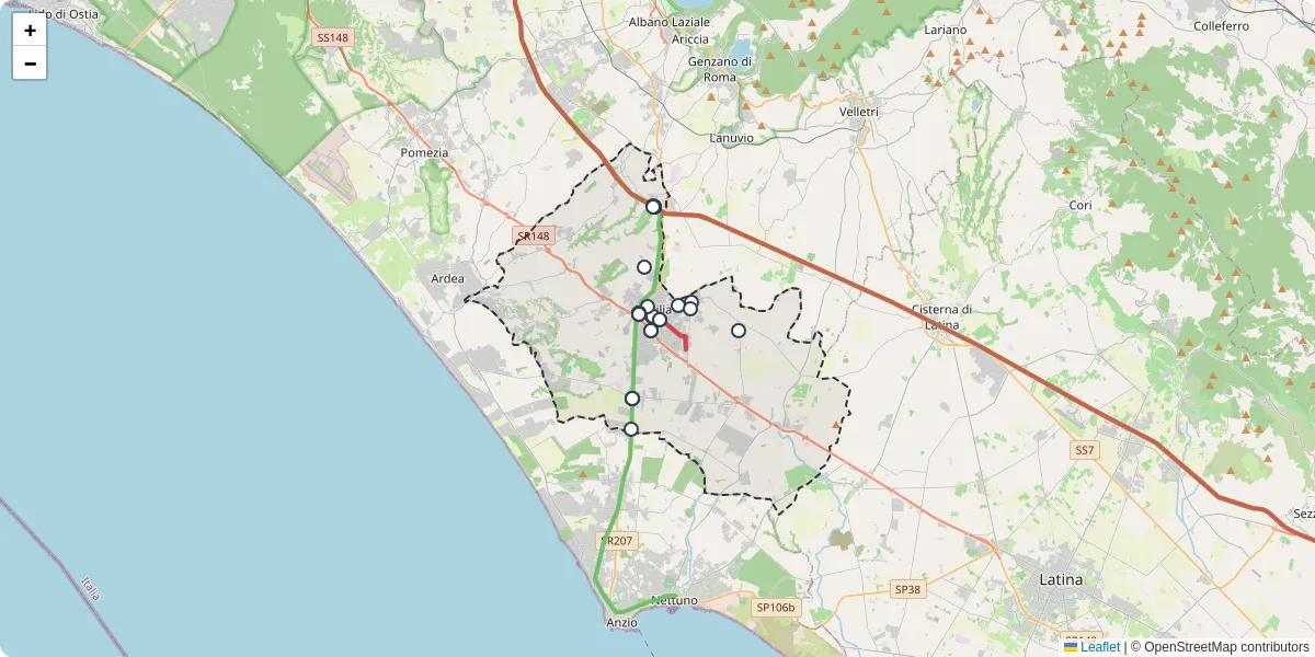 Mappa dettagliata del trasporto pubblico a Aprilia con linee autobus, tram e collegamenti