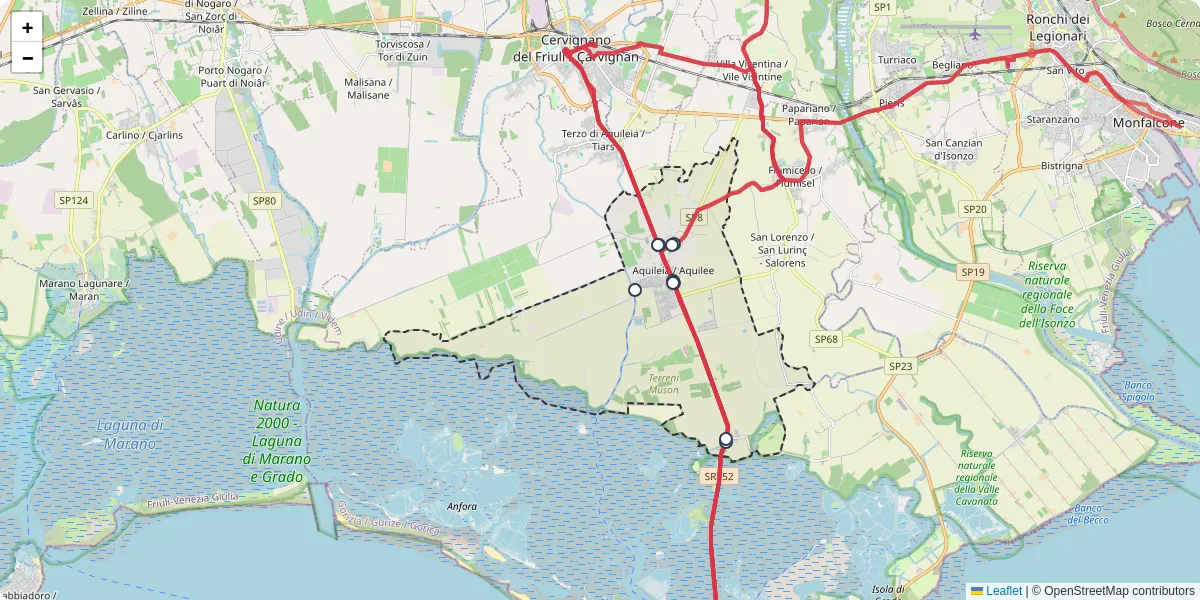 Mappa dettagliata del trasporto pubblico a Aquileia con linee autobus, tram e collegamenti