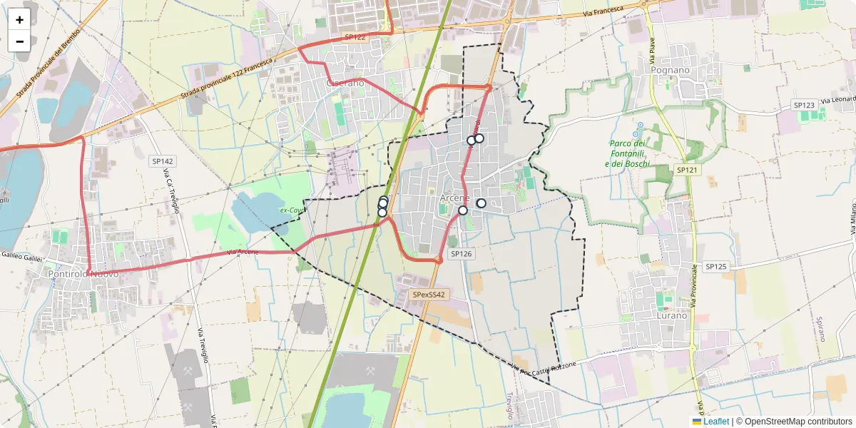 Mappa dettagliata del trasporto pubblico a Arcene con linee autobus, tram e collegamenti