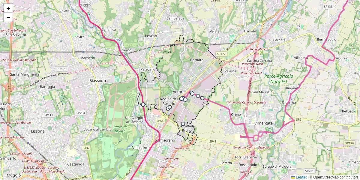 Mappa dettagliata del trasporto pubblico a Arcore con linee autobus, tram e collegamenti