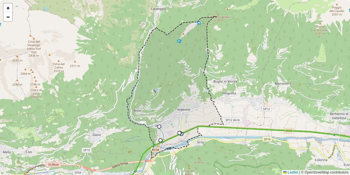 Mappa dettagliata del trasporto pubblico a Ardenno con linee autobus, tram e collegamenti