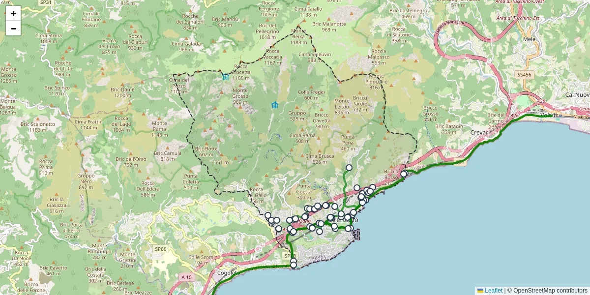 Mappa dettagliata del trasporto pubblico a Arenzano con linee autobus, tram e collegamenti