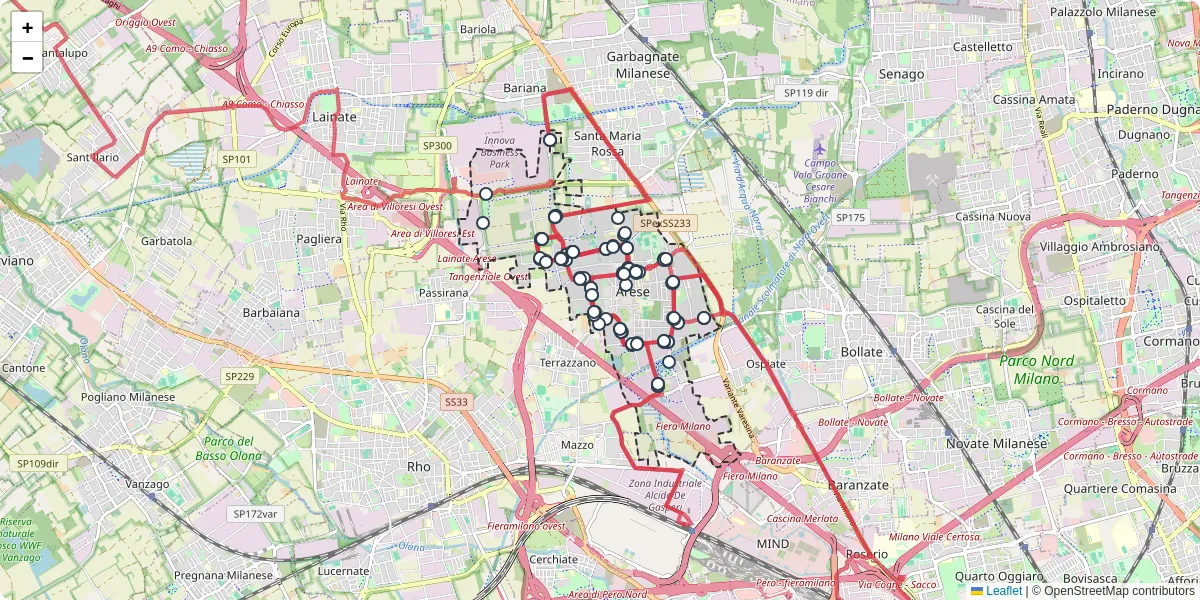 Mappa dettagliata del trasporto pubblico a Arese con linee autobus, tram e collegamenti