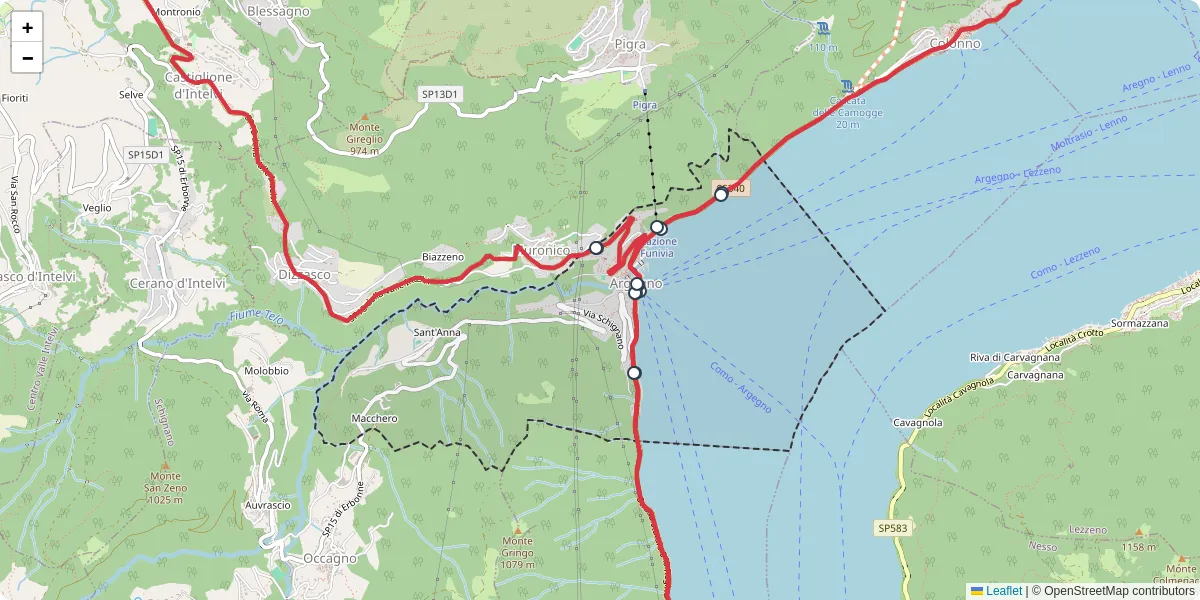 Mappa dettagliata del trasporto pubblico a Argegno con linee autobus, tram e collegamenti