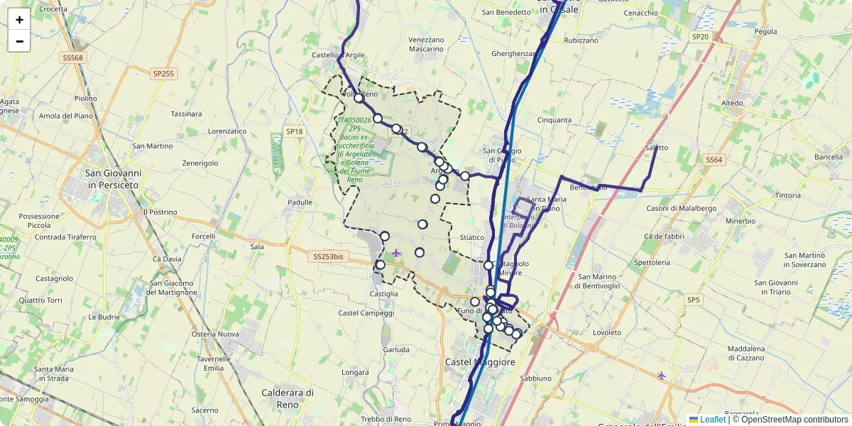 Mappa dettagliata del trasporto pubblico a Argelato con linee autobus, tram e collegamenti