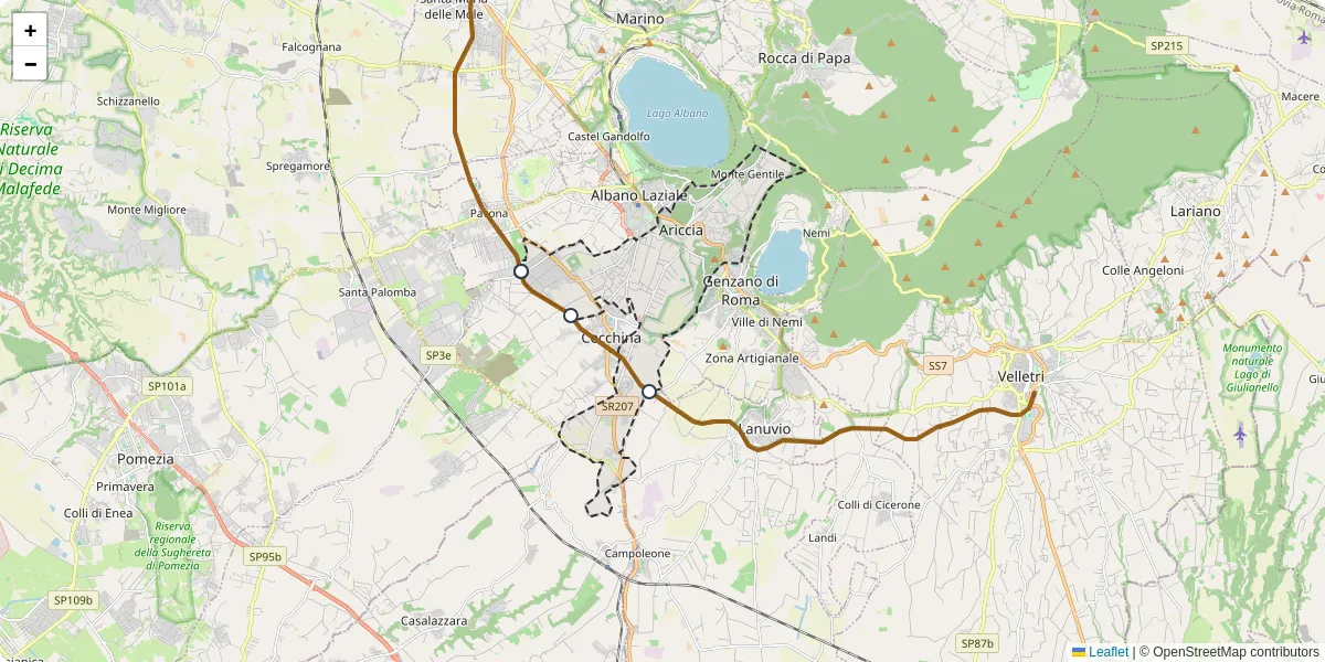Mappa dettagliata del trasporto pubblico a Ariccia con linee autobus, tram e collegamenti