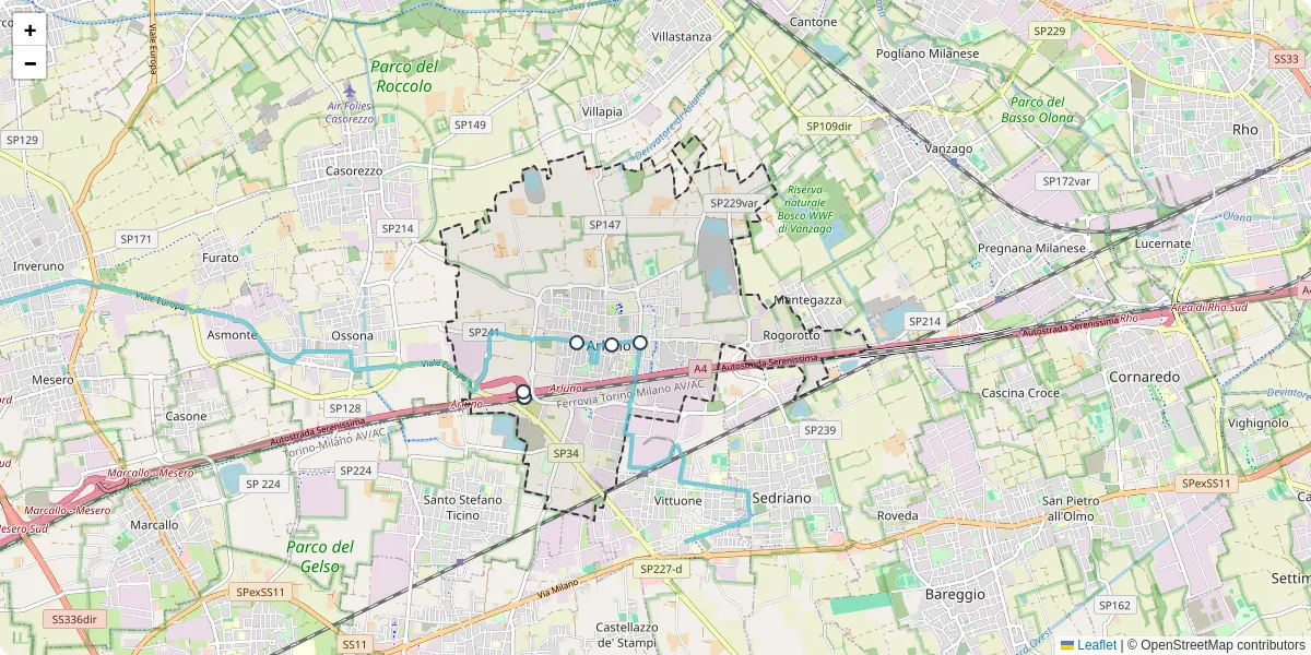 Mappa dettagliata del trasporto pubblico a Arluno con linee autobus, tram e collegamenti