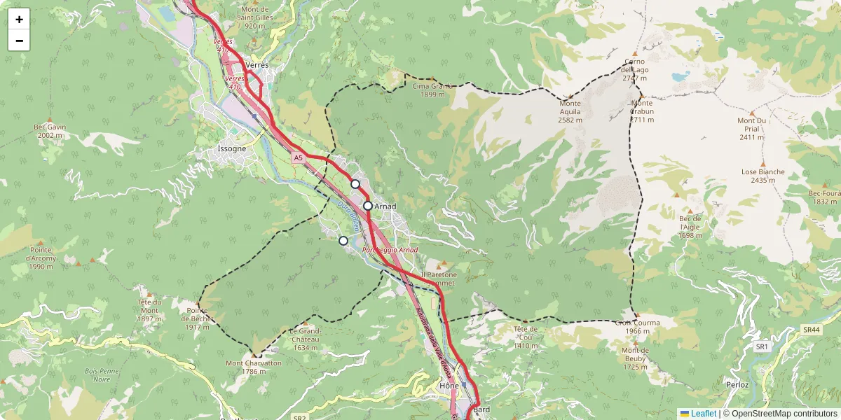Mappa dettagliata del trasporto pubblico a Arnad con linee autobus, tram e collegamenti