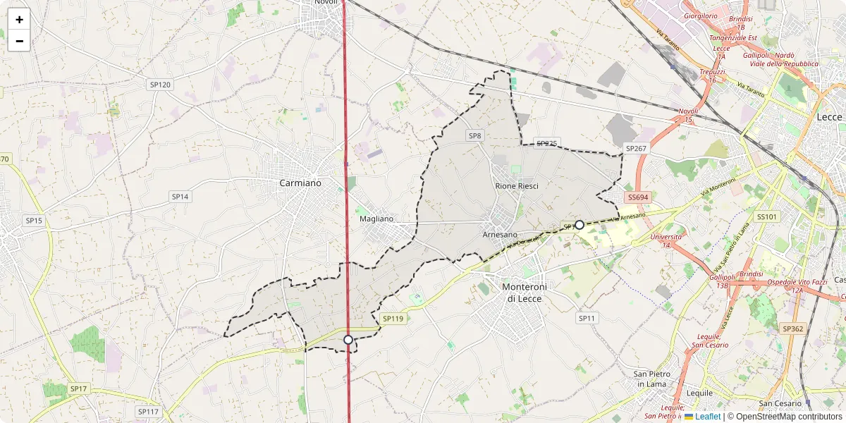 Mappa dettagliata del trasporto pubblico a Arnesano con linee autobus, tram e collegamenti