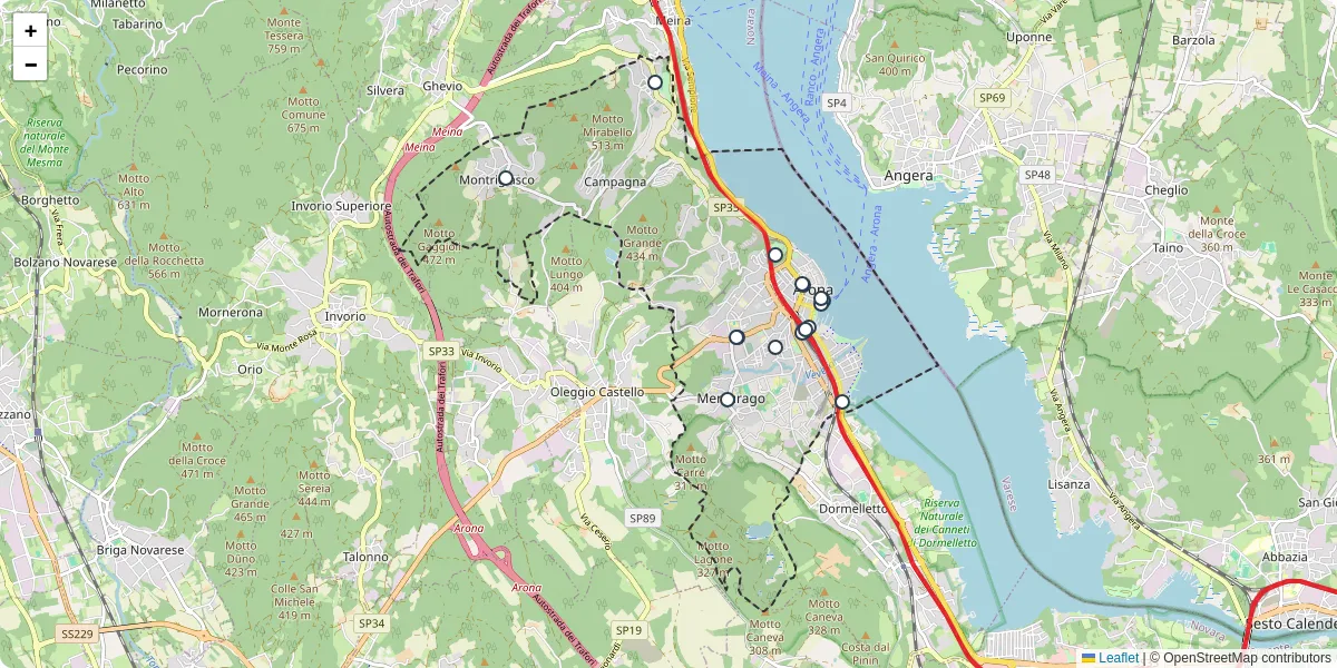 Mappa dettagliata del trasporto pubblico a Arona con linee autobus, tram e collegamenti