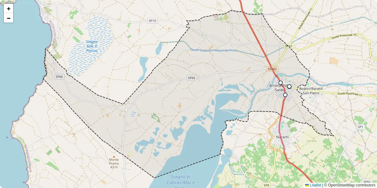 Mappa dettagliata del trasporto pubblico a Arriora/Riola Sardo con linee autobus, tram e collegamenti