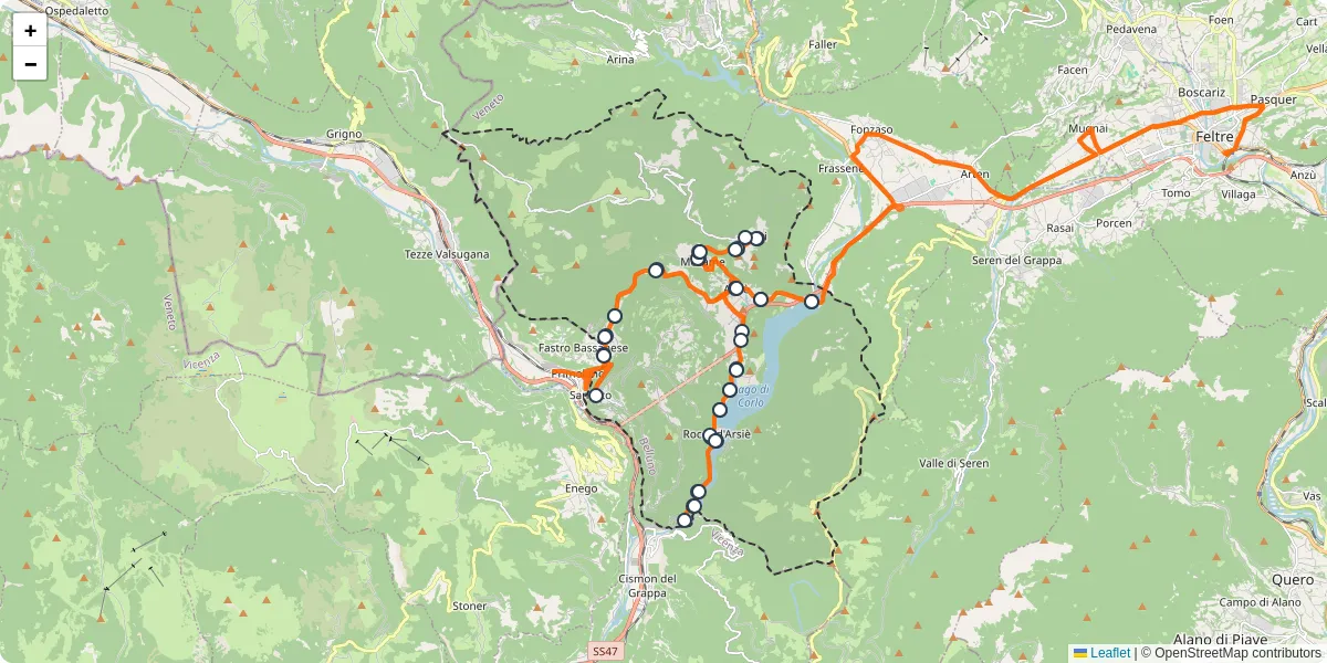 Mappa dettagliata del trasporto pubblico a Arsiè con linee autobus, tram e collegamenti