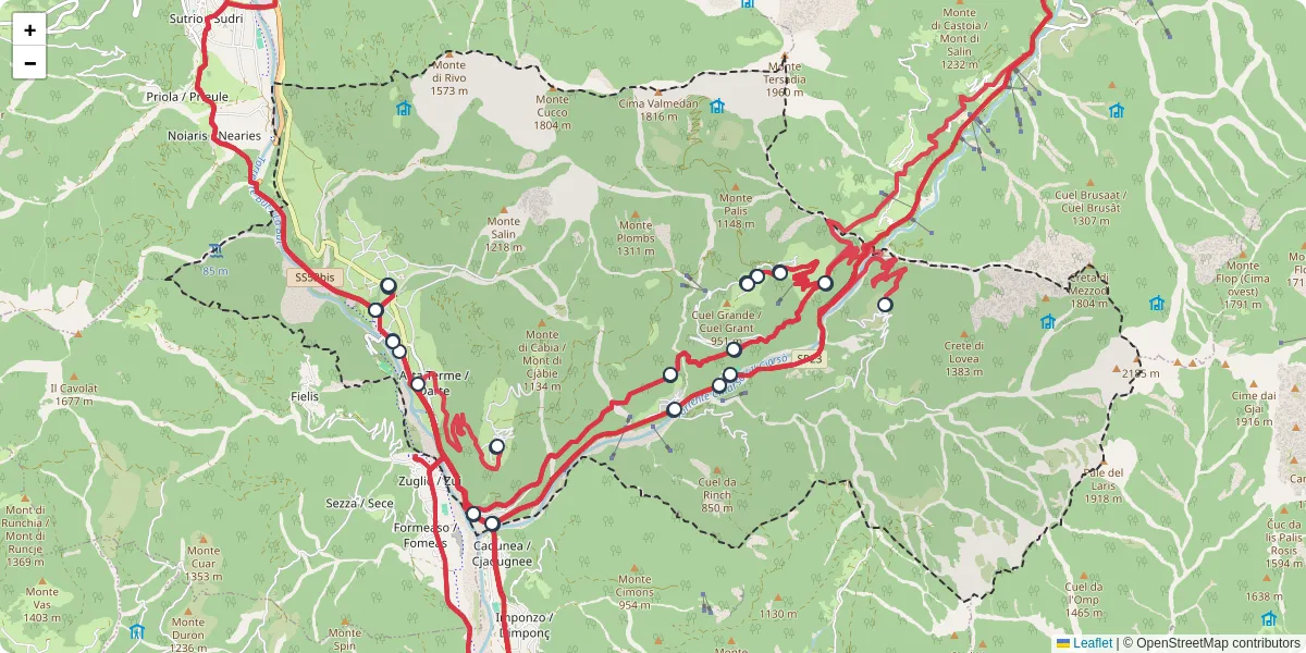 Mappa dettagliata del trasporto pubblico a Arta Terme / Darte con linee autobus, tram e collegamenti