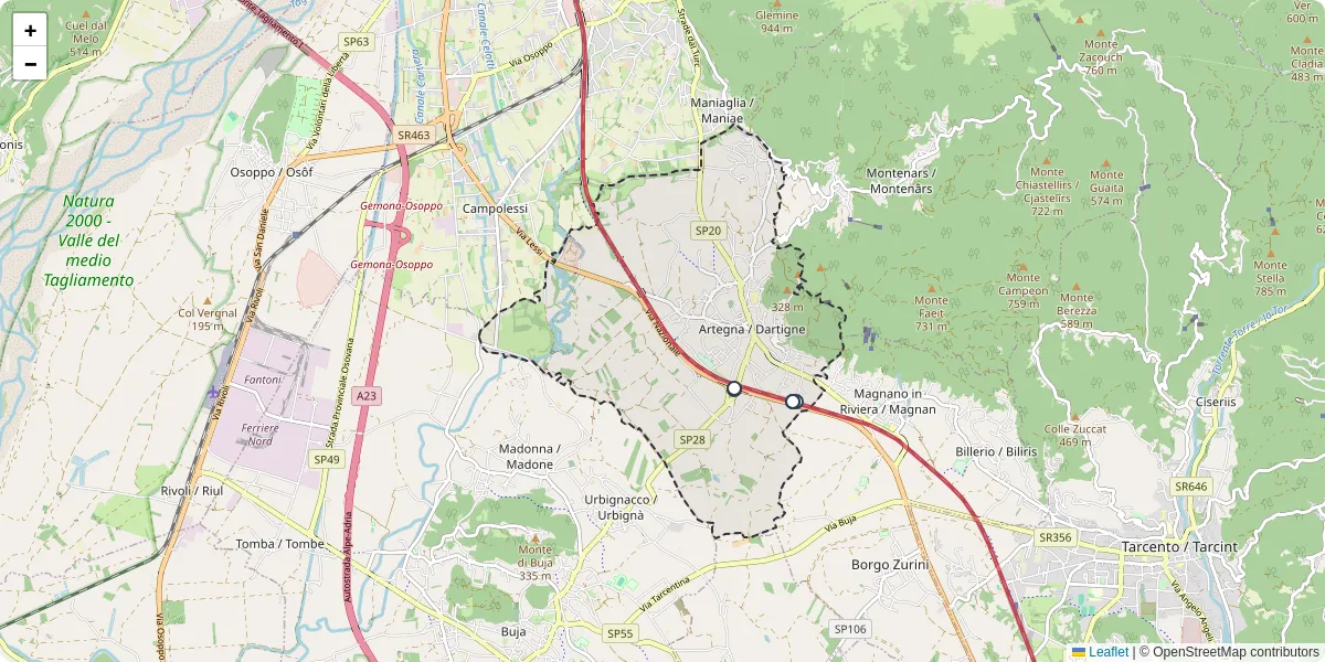 Mappa dettagliata del trasporto pubblico a Artegna / Dartigne con linee autobus, tram e collegamenti
