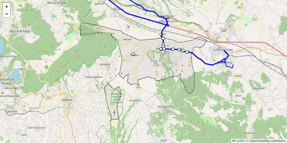 Mappa dettagliata del trasporto pubblico a Artena con linee autobus, tram e collegamenti