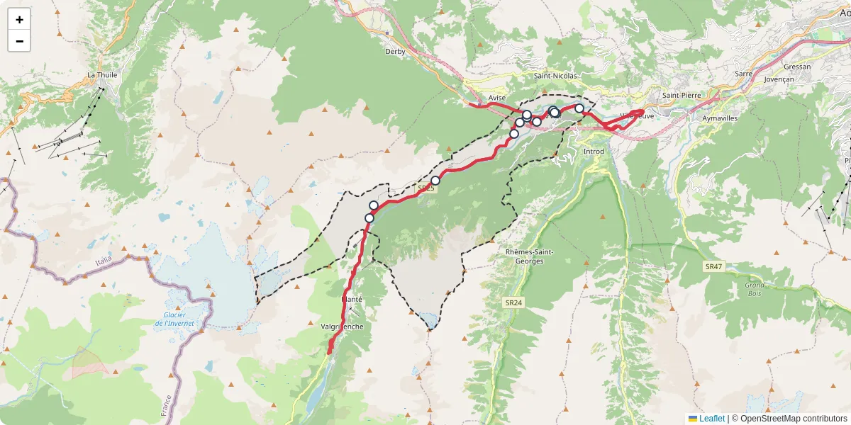 Mappa dettagliata del trasporto pubblico a Arvier con linee autobus, tram e collegamenti