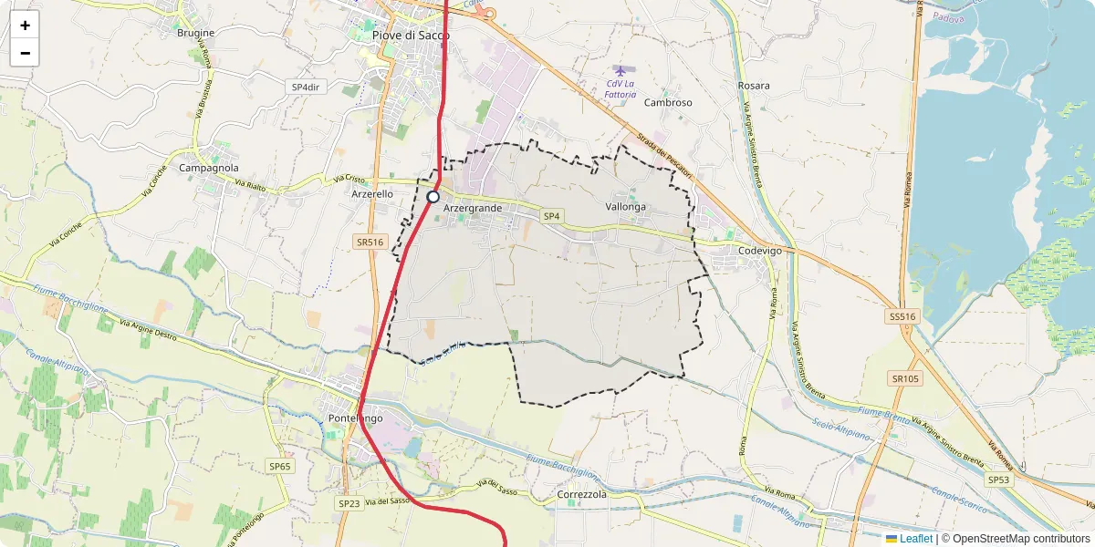 Mappa dettagliata del trasporto pubblico a Arzergrande con linee autobus, tram e collegamenti