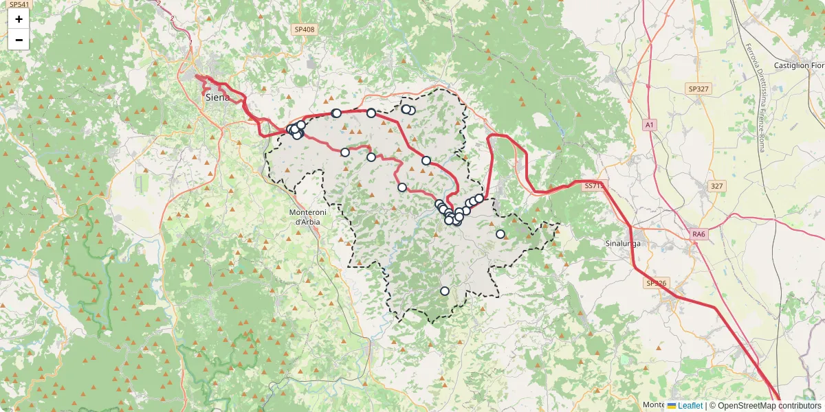 Mappa dettagliata del trasporto pubblico a Asciano con linee autobus, tram e collegamenti