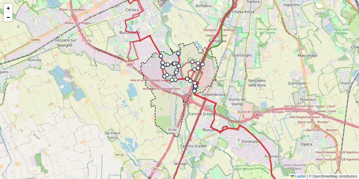 Mappa dettagliata del trasporto pubblico a Assago con linee autobus, tram e collegamenti