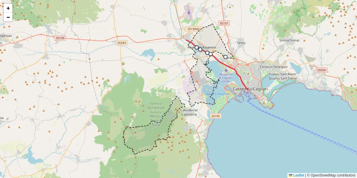Mappa dettagliata del trasporto pubblico a Assèmini/Assemini con linee autobus, tram e collegamenti