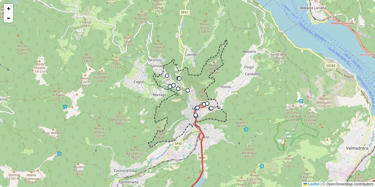 Mappa dettagliata del trasporto pubblico a Asso con linee autobus, tram e collegamenti