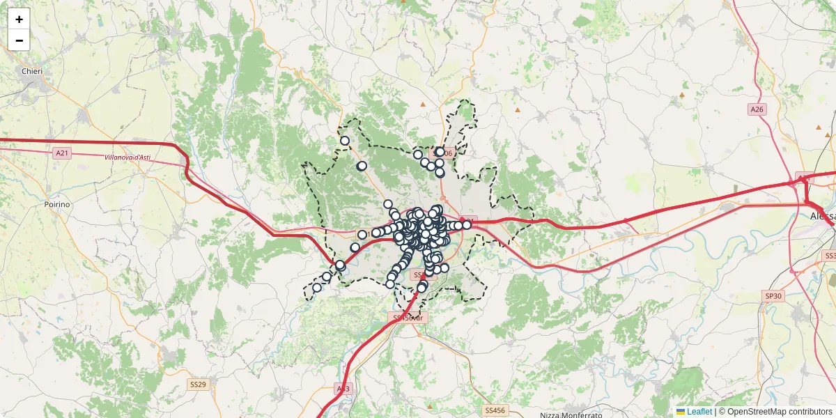 Mappa dettagliata del trasporto pubblico a Asti con linee autobus, tram e collegamenti