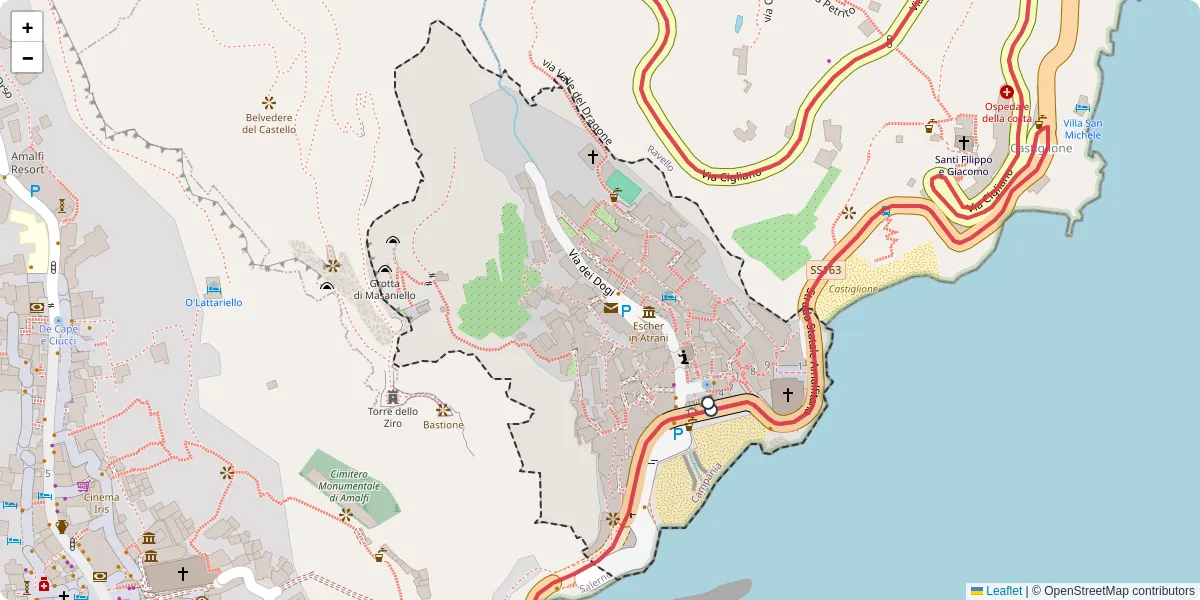 Mappa dettagliata del trasporto pubblico a Atrani con linee autobus, tram e collegamenti