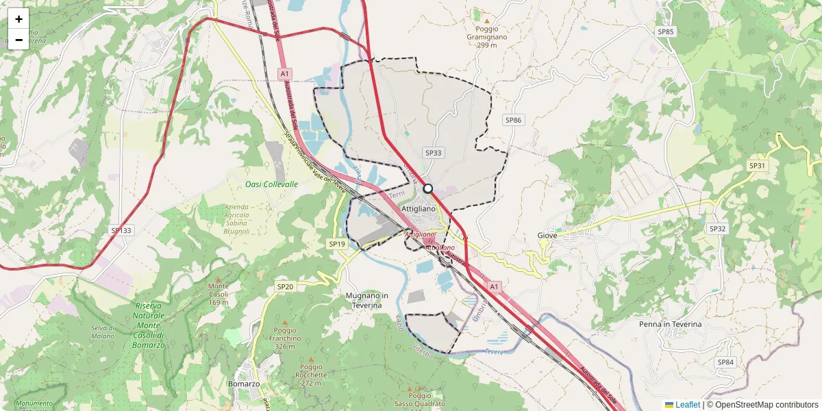 Mappa dettagliata del trasporto pubblico a Attigliano con linee autobus, tram e collegamenti